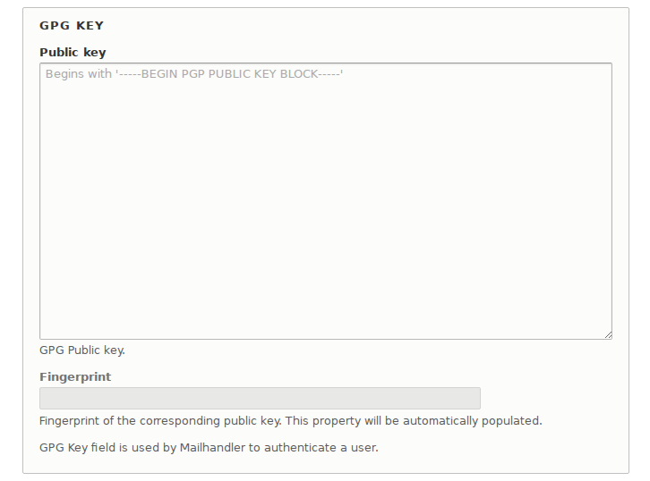 Mailhandler GPG Key field